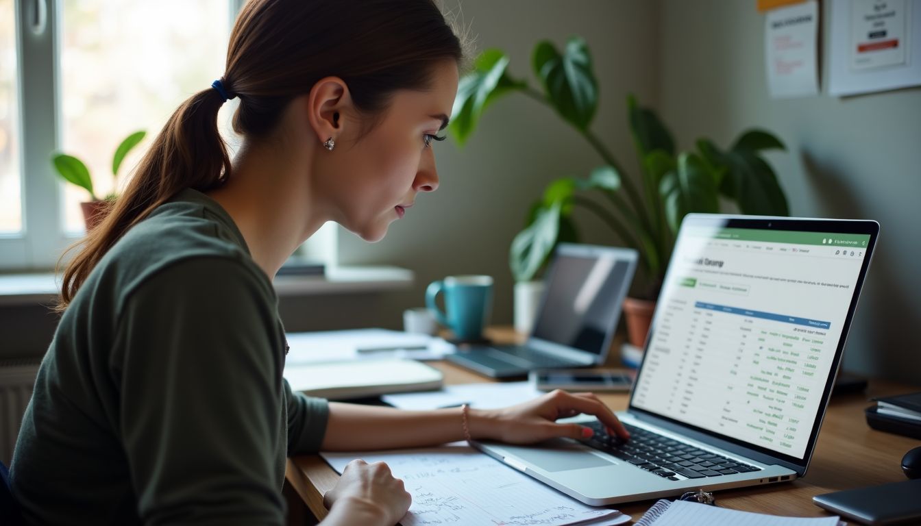 A woman in her mid-30s is sitting at a messy desk, working on technical SEO solutions on her laptop.