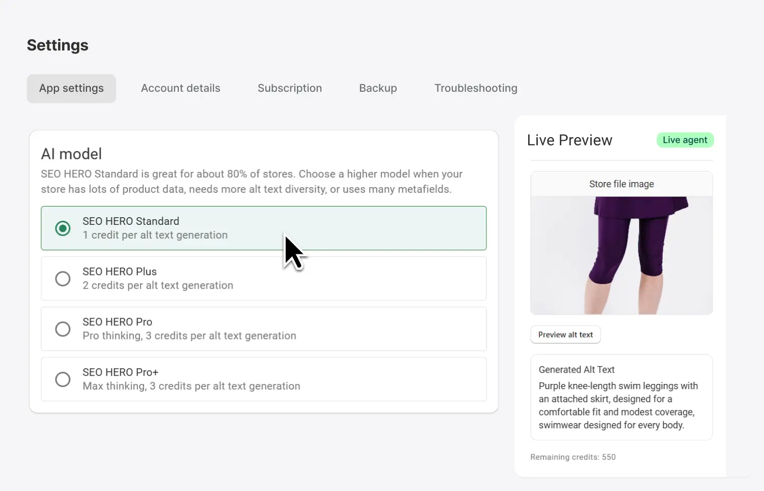 SEO HERO AI Alt Text Generator Live Preview for testing generated alt text before bulk publishing