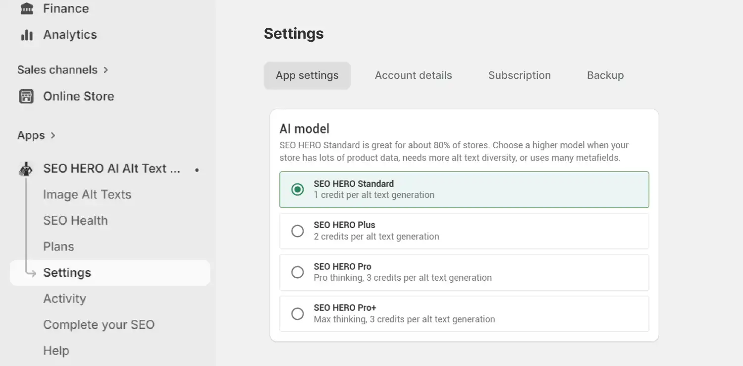 SEO HERO AI Alt Text Generator AI model options including Standard, Plus, Pro, and Pro Plus