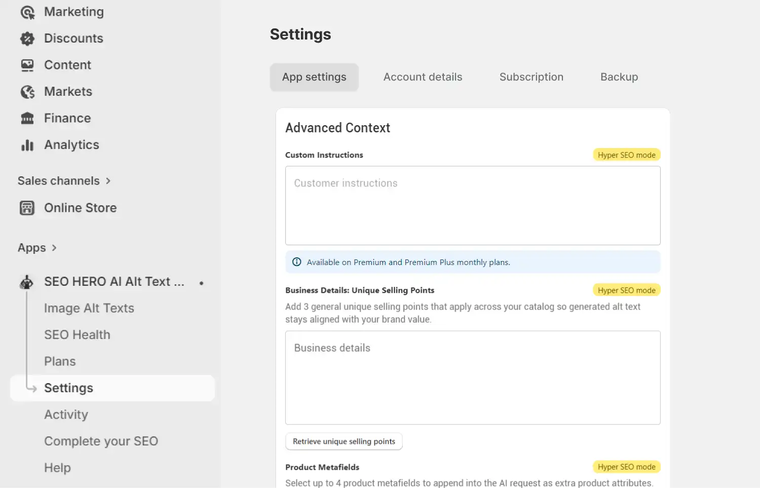 SEO HERO AI Alt Text Generator Advanced Context settings for custom instructions, business details, and metafields