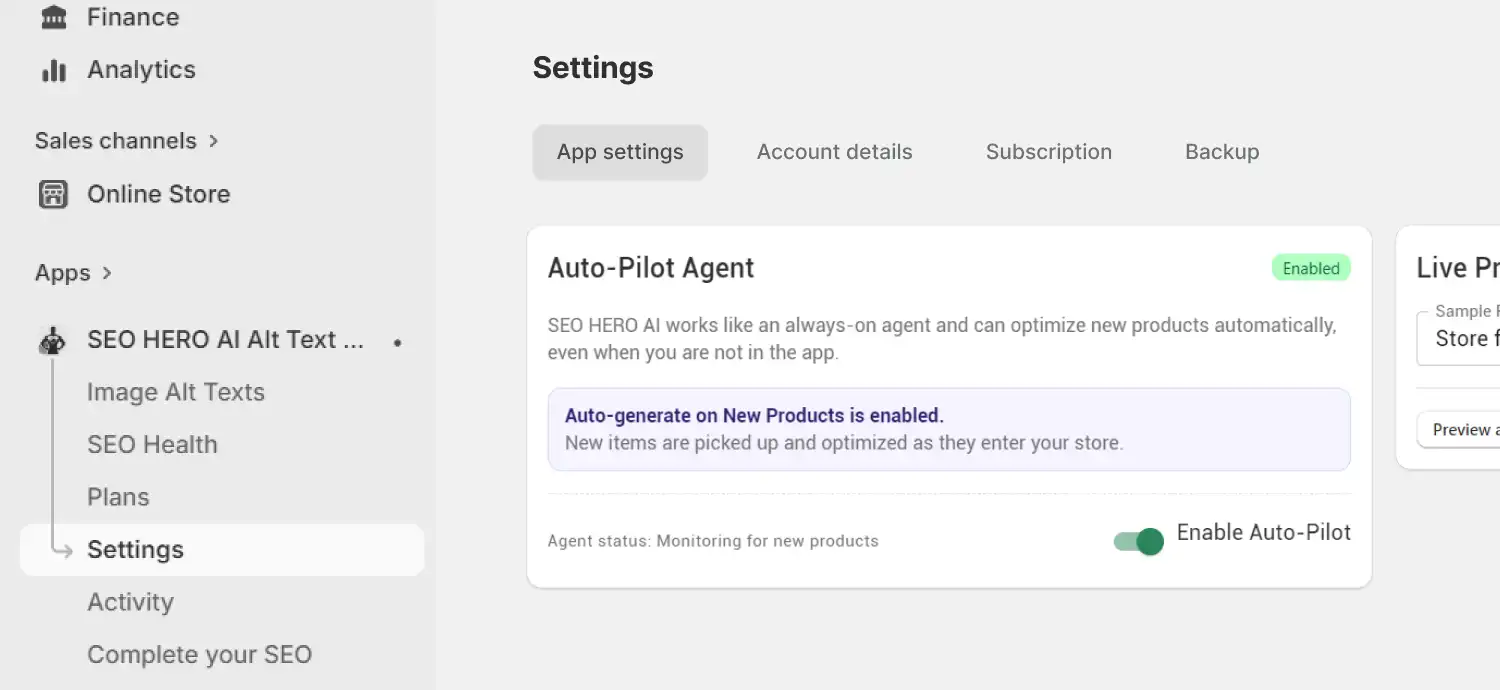SEO HERO AI Alt Text Generator Auto-Pilot Agent for automatic new product alt text optimization