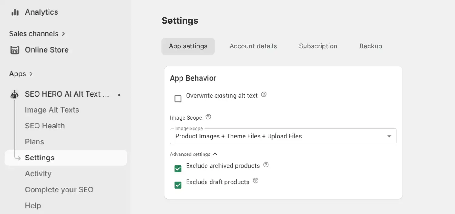 SEO HERO AI Alt Text Generator Image Scope and overwrite existing alt text settings