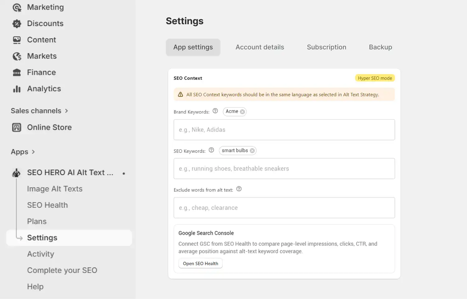 SEO HERO AI Alt Text Generator SEO Context settings for brand keywords, SEO keywords, and exclude words