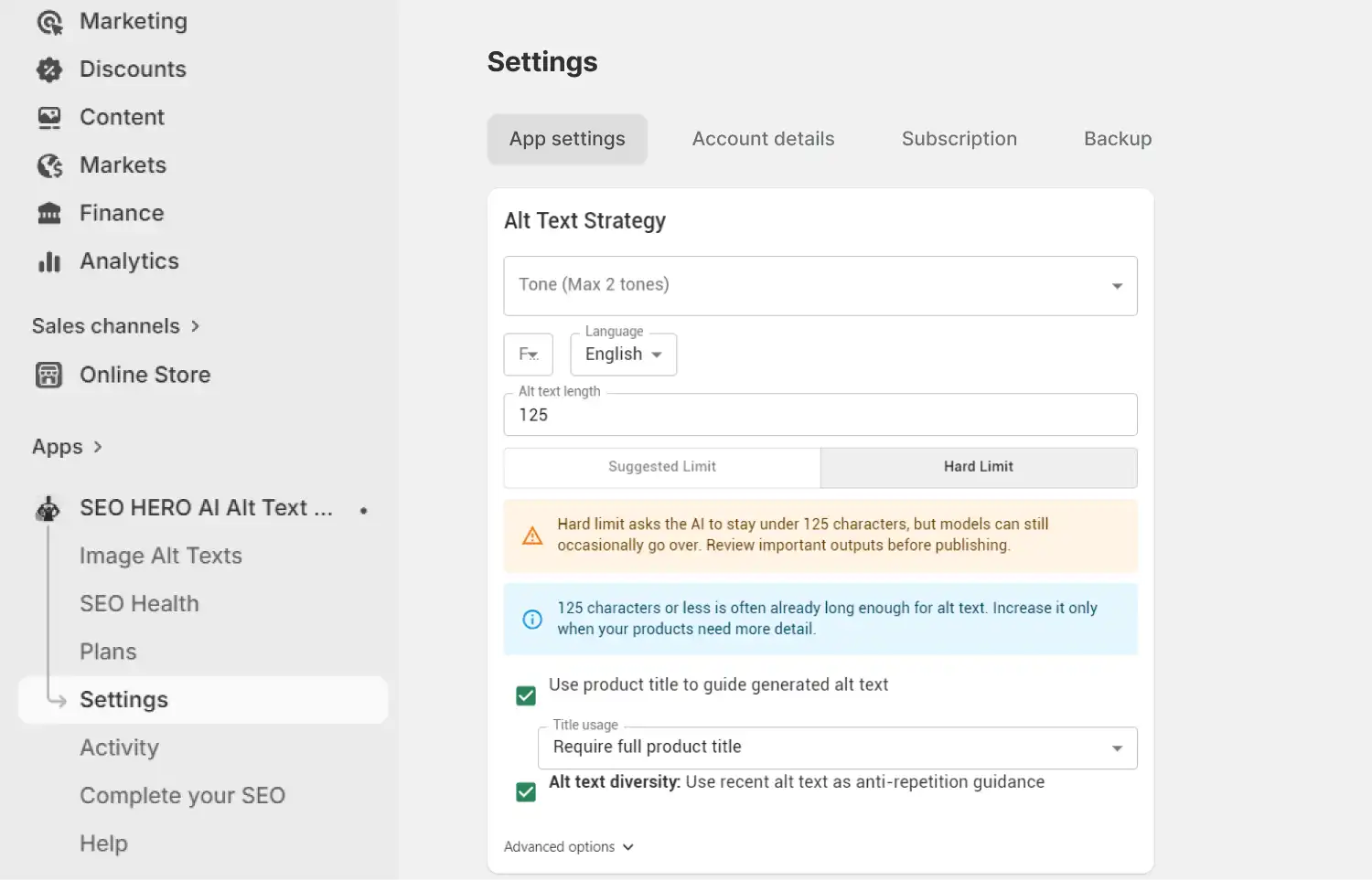 SEO HERO AI Alt Text Generator Alt Text Strategy settings for tone, language, length, and diversity