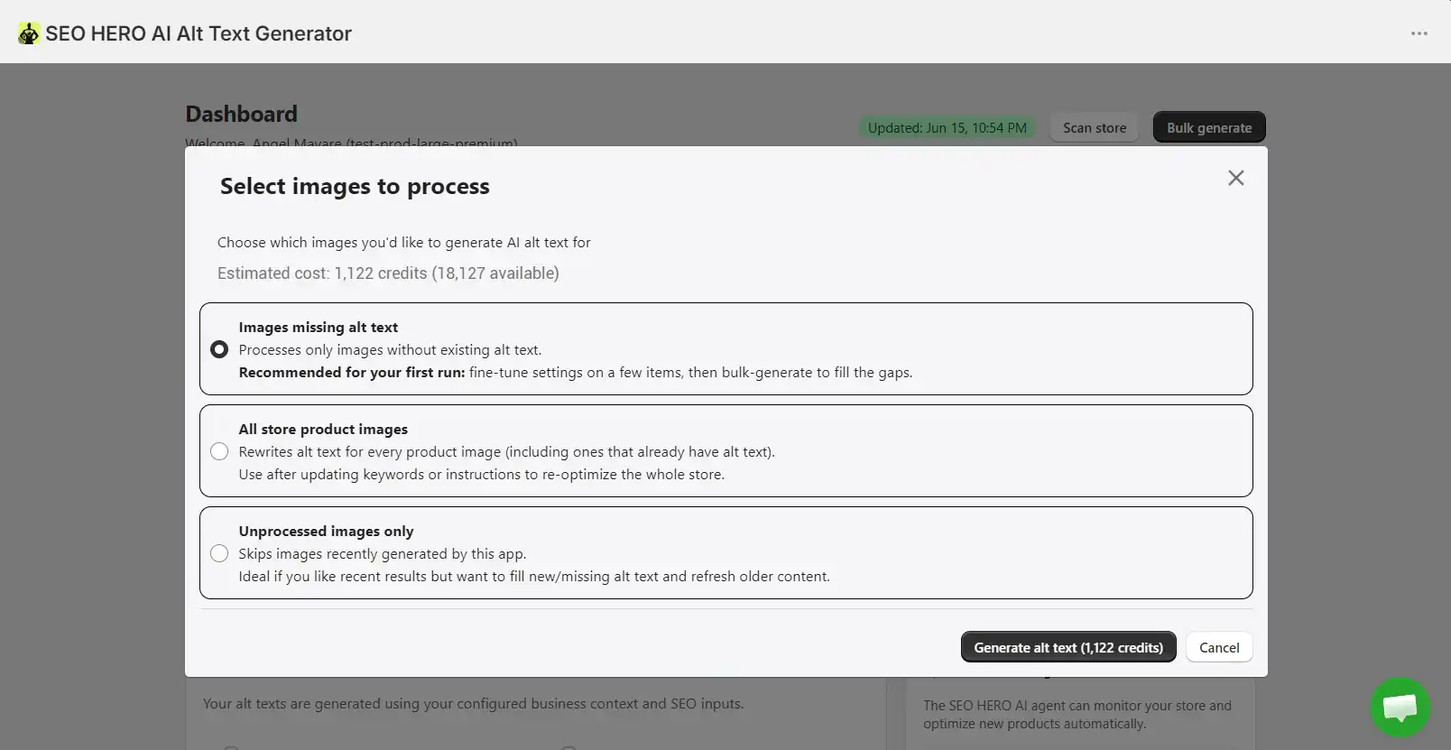 SEO HERO AI Alt Text Generator bulk cleanup for missing Shopify image alt text