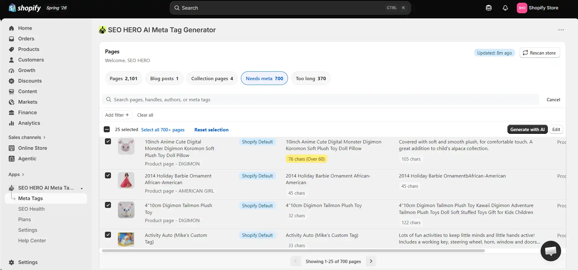 AMTG Meta Tags screen listing Shopify pages with generated titles, descriptions, status, and selection controls.