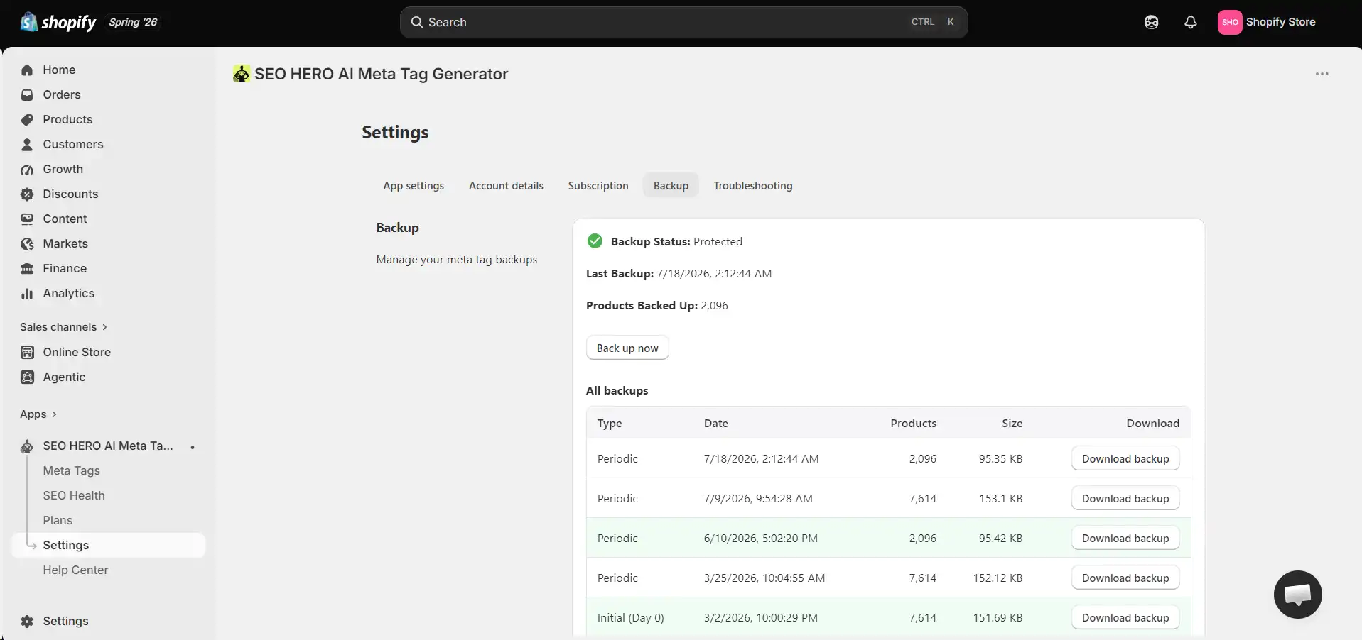 AMTG backup screen for reviewing and restoring previous metadata changes.