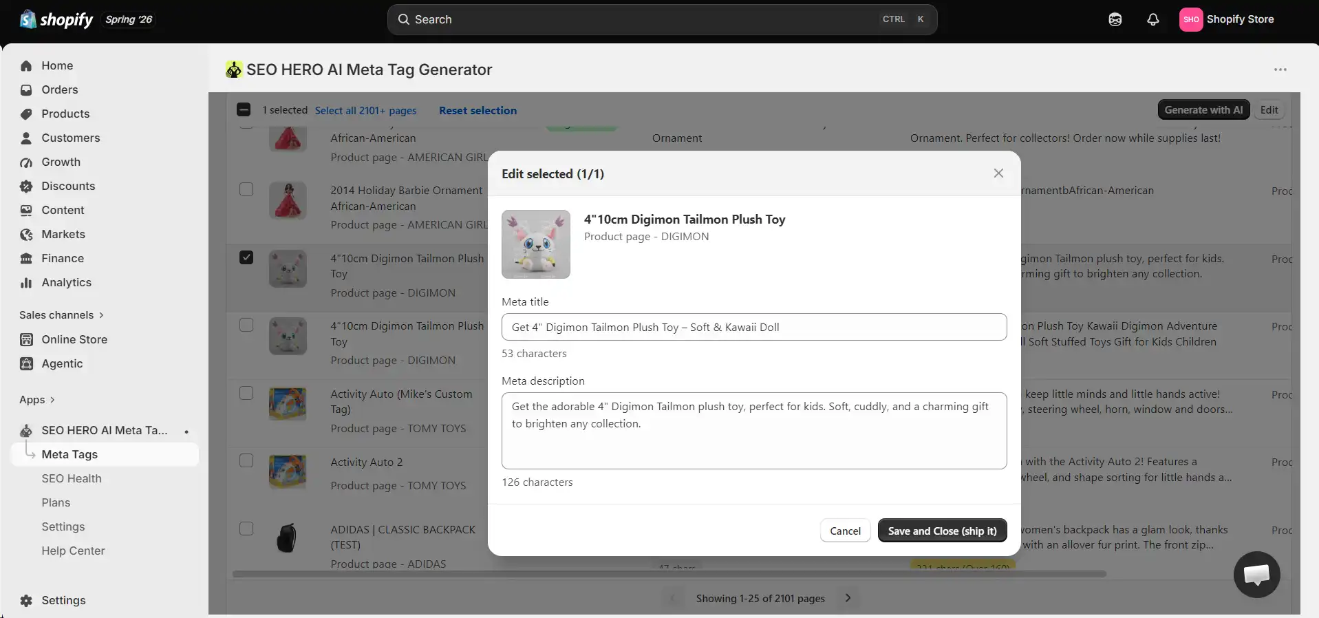 AMTG edit-selected modal with editable meta title and meta description fields before applying changes.