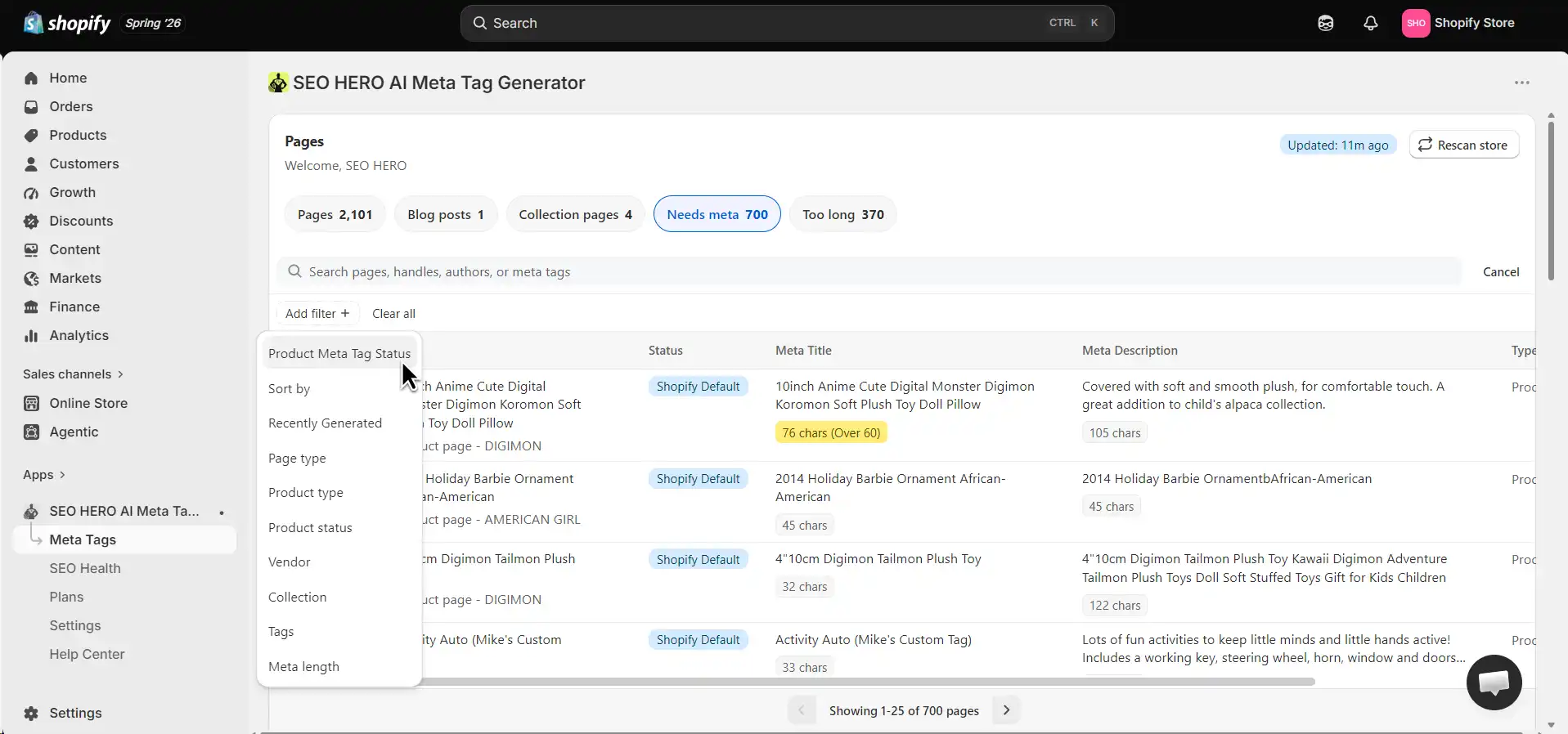 AMTG filter menu for narrowing Shopify pages by metadata status and page type.