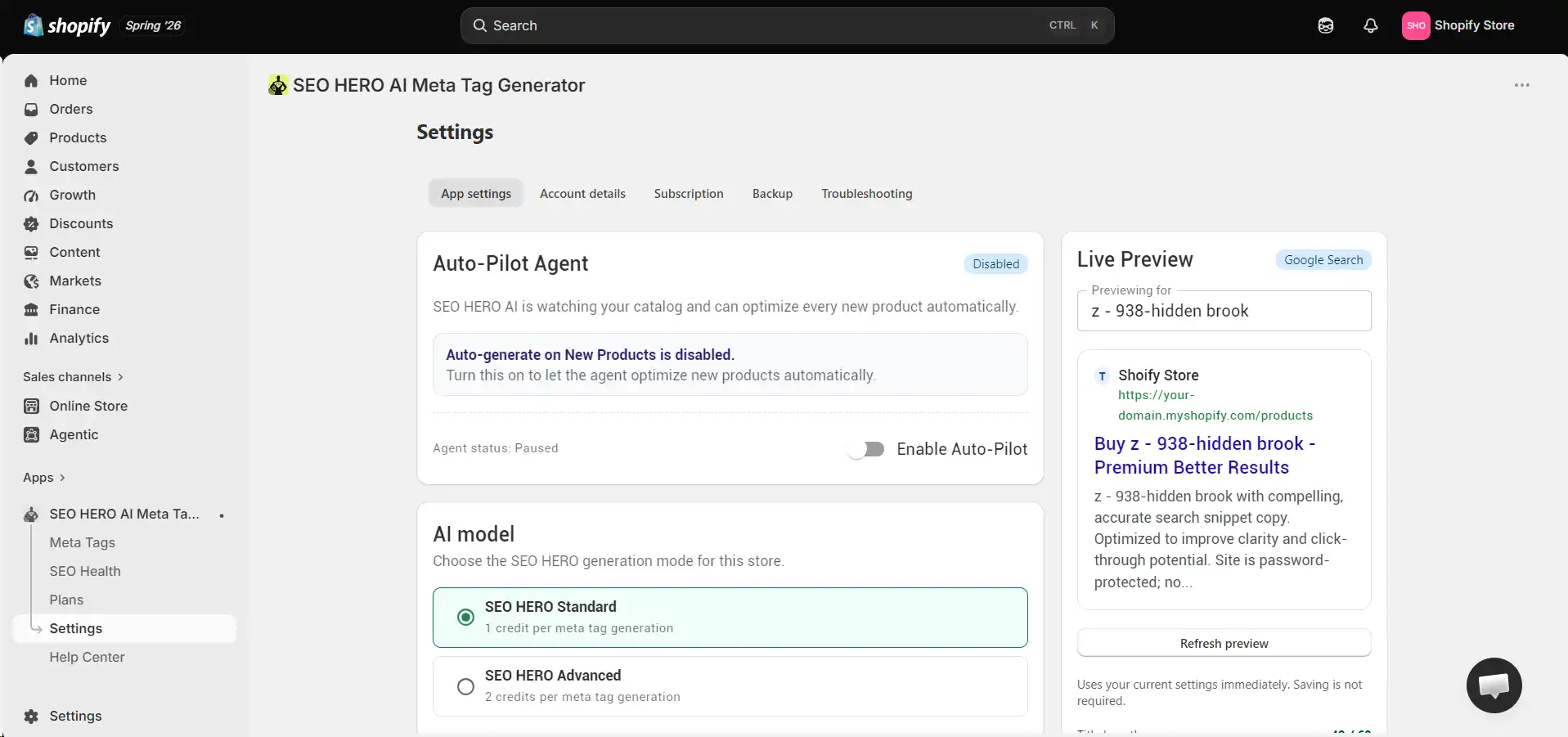 AMTG settings showing the Auto-Pilot agent, AI model options, and a live search-result preview.