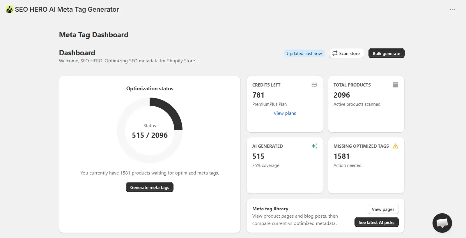 SEO HERO AI Meta Tag Generator dashboard showing optimization status, products needing metadata, and bulk generation controls.