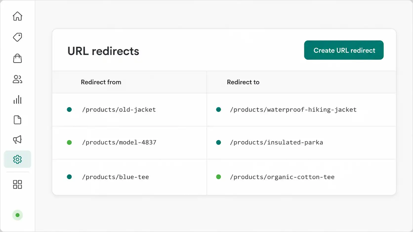 Shopify admin URL redirect screen mapping a discontinued product to a replacement
