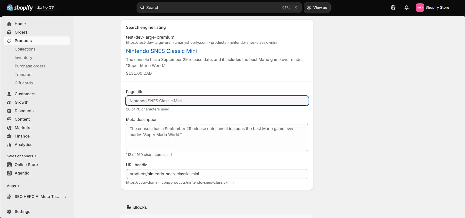 Shopify product editor showing page title, meta description, and URL handle fields in the search engine listing section.