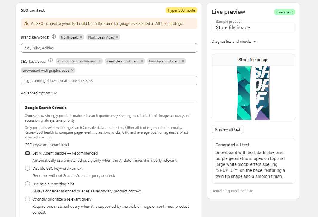 SEO HERO AI Alt Text Generator showing brand keywords, SEO keywords, Google Search Console impact settings, and a live snowboard alt text preview.