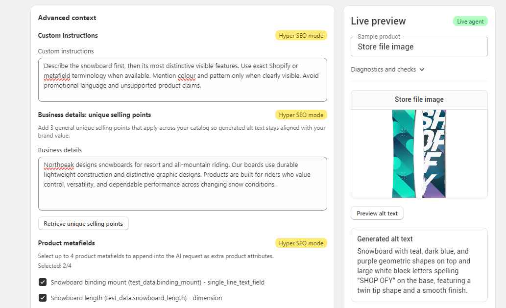 SEO HERO Hyper SEO settings showing custom instructions, business details, selected Shopify product metafields, and a live snowboard alt text preview.