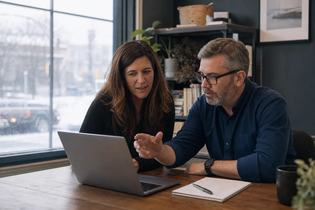 Two people reviewing a laptop at a worktable