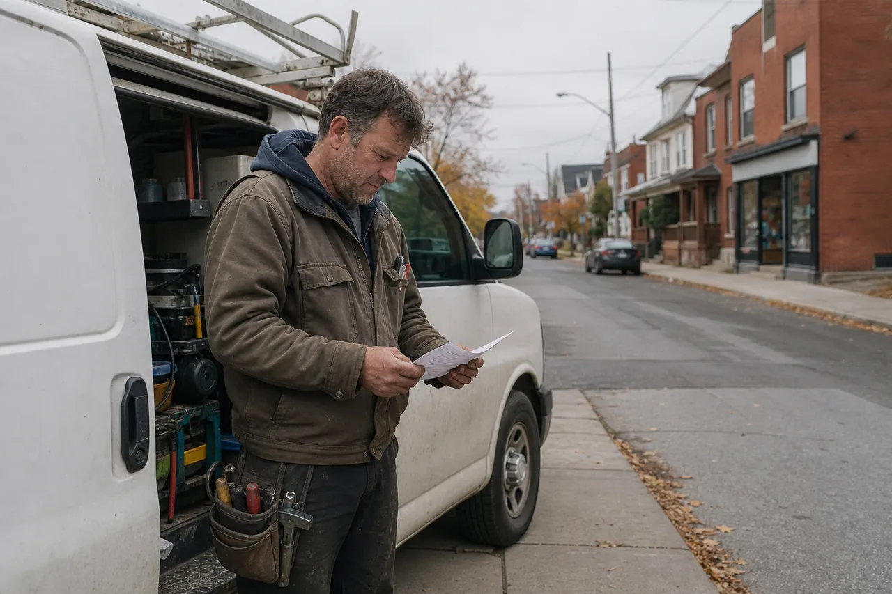Tradesperson reviewing paperwork beside a service van